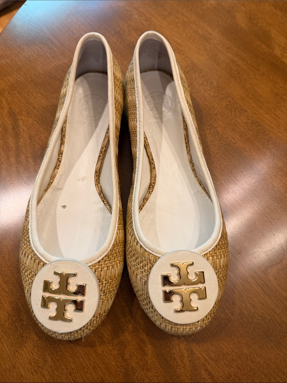 Tory Burch Natural Raffia Flats with White Trim and Gold Logo